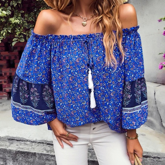 Off the shoulder 3/4 sleeve tassel paisley floral print boho top blouse - Picture 3 of 6